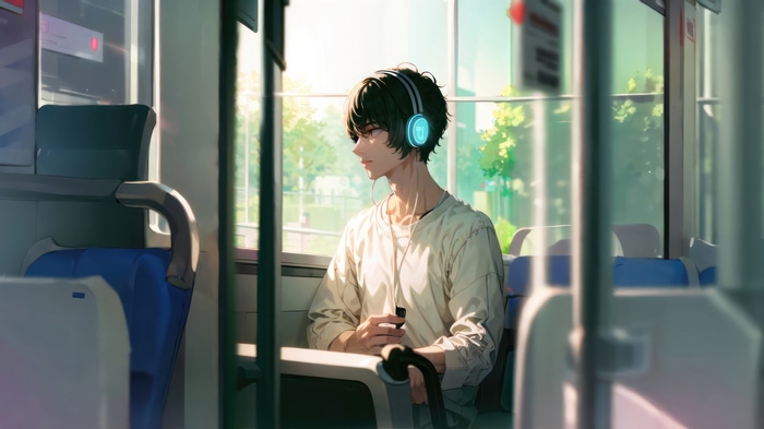 Anime Boy with Headphones on a Bus 4K