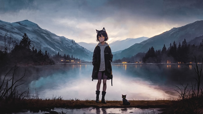 Anime girl with cat ears by a lake with mountains