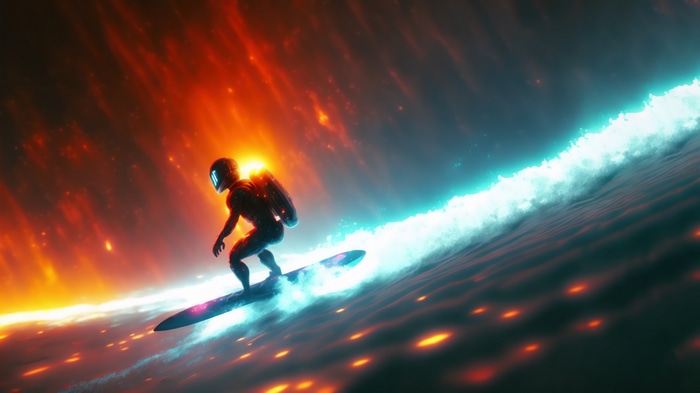 Astronaut surfing on a glowing wave in space