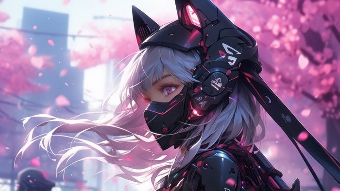 Anime Girl with Cyberpunk Mask and Cherry Blossoms 4K