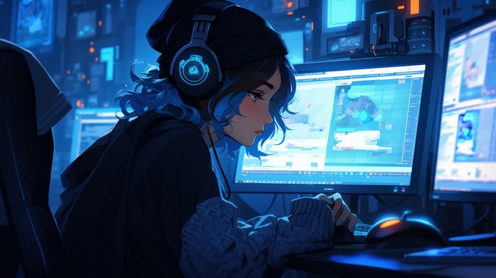 Anime Girl with Blue Hair Wearing Headphones at Computer 4K