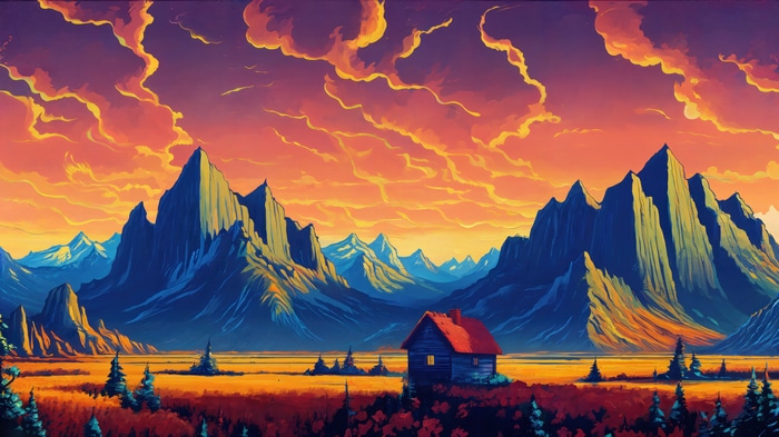 Mountain Scenery with a Cabin at Sunset 4K