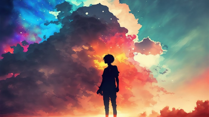 Silhouette of a person against colorful clouds 4K