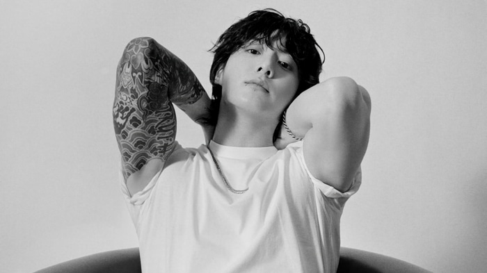 Jungkook with tattoos and white t-shirt 4K