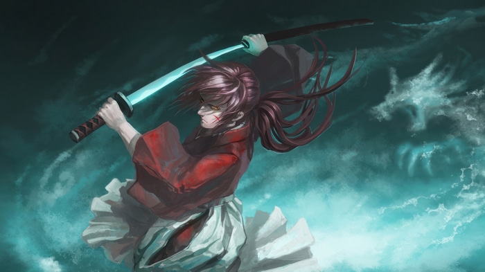 Kenshin Himura with glowing katana in 4K