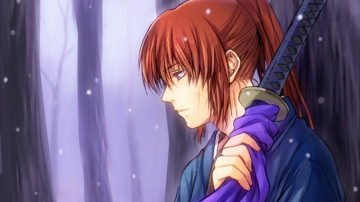 Kenshin Himura with a sword in a forest