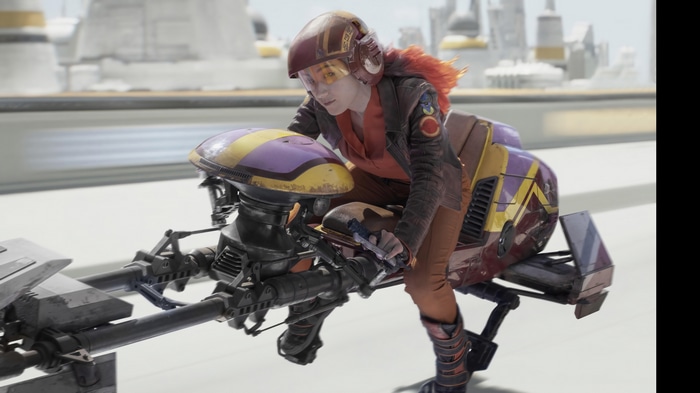 Sabine Wren riding a speeder bike in Star Wars 4K