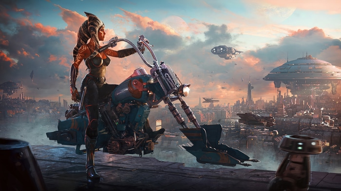 Ahsoka Tano on a motorcycle in a futuristic city