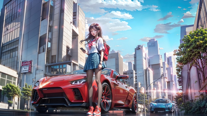 Anime Girl with Red Sports Car in City 4K
