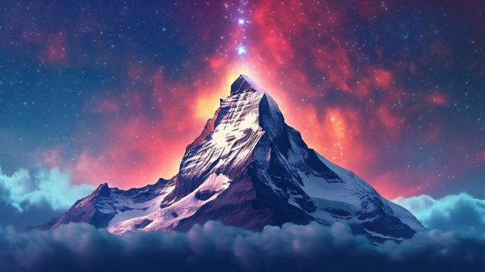 Mountain Peak Under a Starry, Colorful Sky