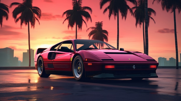 Red Ferrari Sports Car with Palm Trees at Sunset 4K
