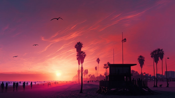 Sunset over a beach with palm trees and a lifeguard tower