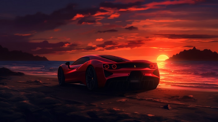 Red Sports Car on a Beach at Sunset 4K