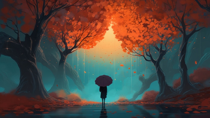 Person with umbrella walking in a rainy forest 4K