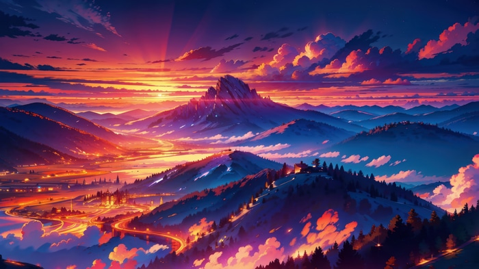 Sunset over mountains and a valley with a town