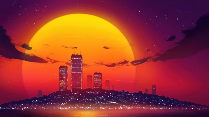 Digital Sunset Over City Scenery 4K