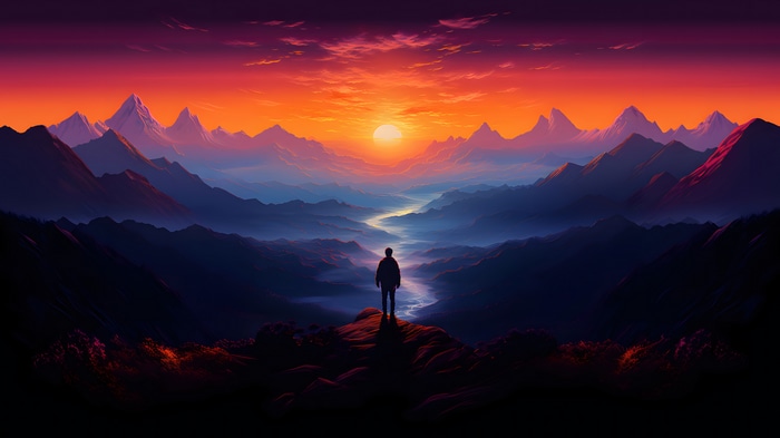 Man standing on mountain overlooking river at sunset 4K