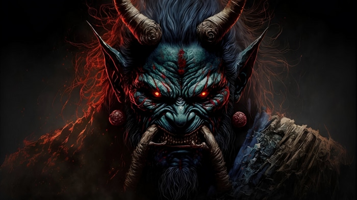 Oni Demon with Glowing Red Eyes and Horns 4K
