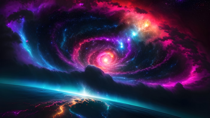 Colorful Galaxy with Swirling Nebula and Planet