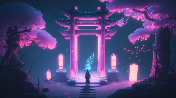 Person in traditional Japanese attire walks through a glowing Torii gate at night