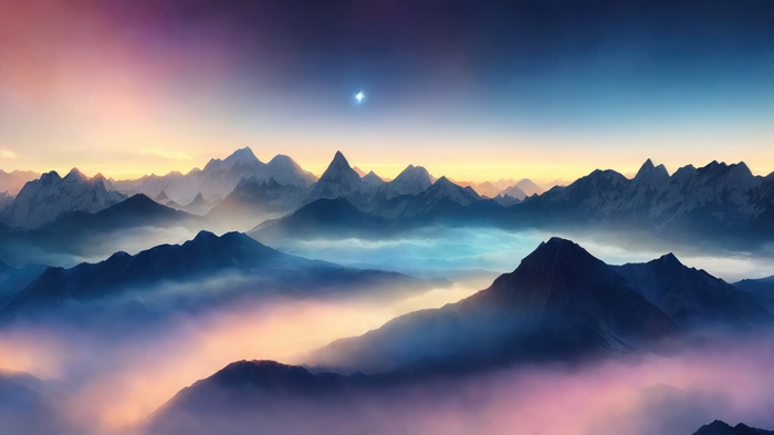 Mountains shrouded in fog at sunrise, digital art 4K