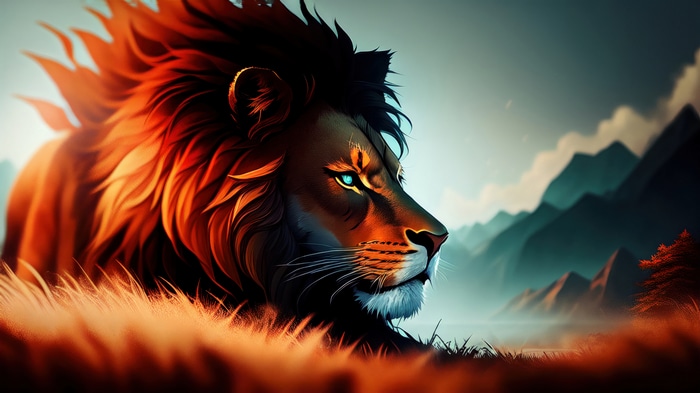 Lion with fiery mane in a mountainous landscape 4K