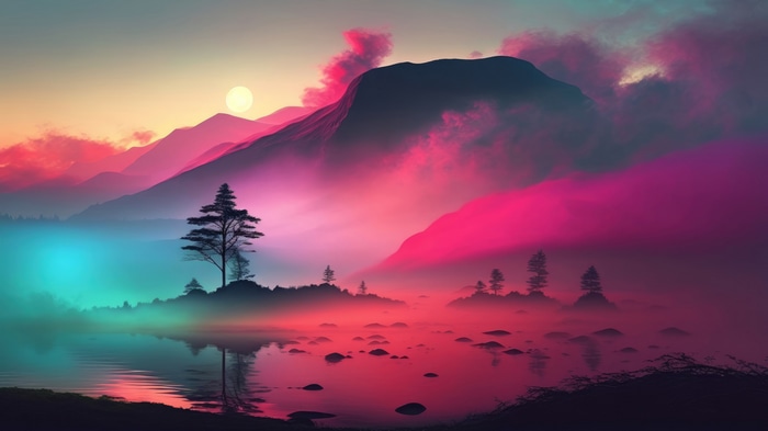 Mountain lake with fog and vibrant colors 4K