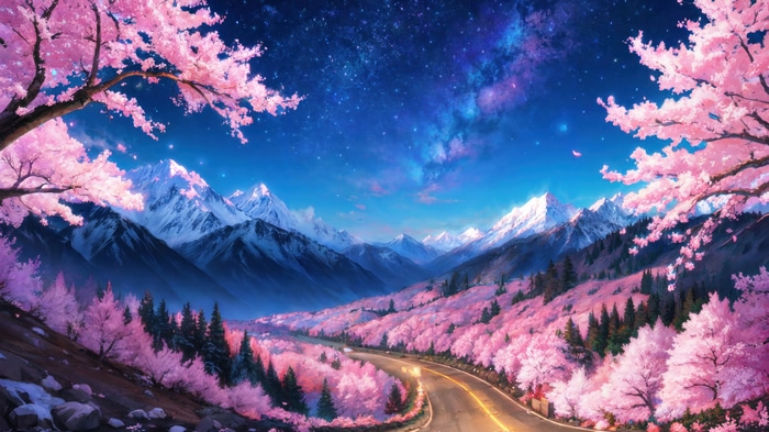 Cherry Blossom Mountains Under a Starry Night Sky 4K