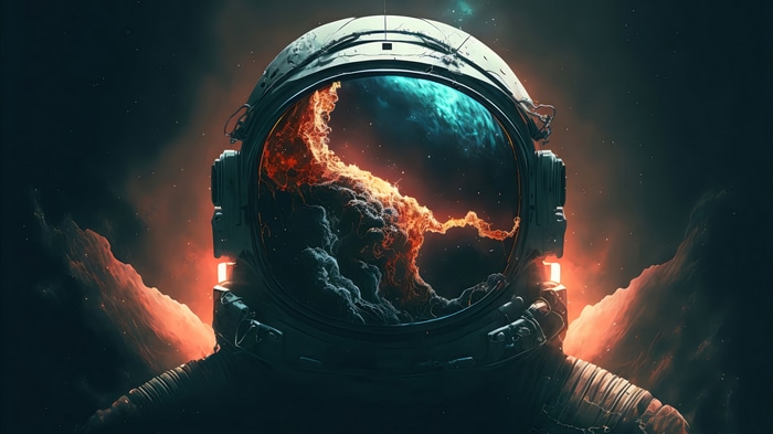 Astronaut helmet reflecting a colorful nebula