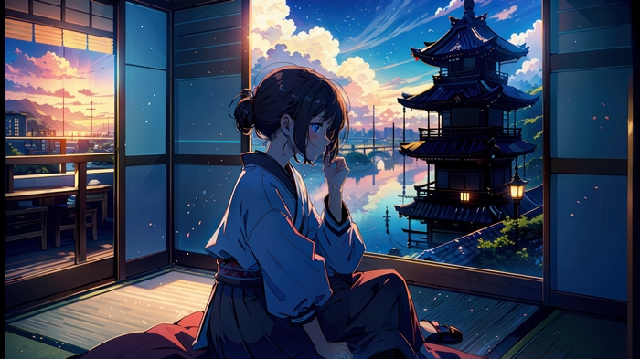 Anime girl in kimono looking at Japanese pagoda at sunset 4K