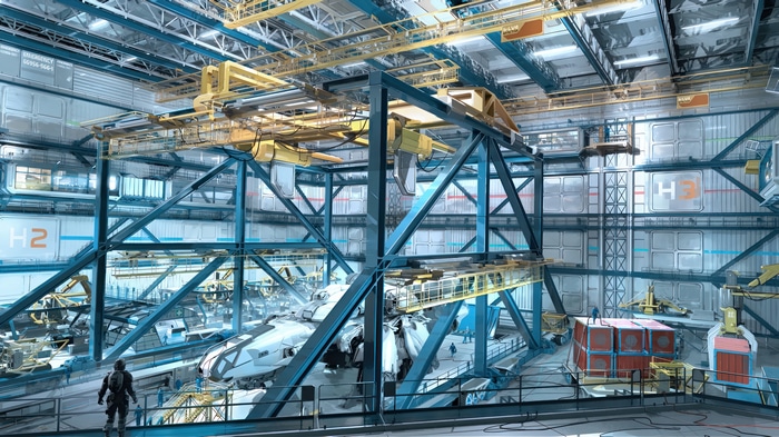 Starfield hangar with spaceship construction