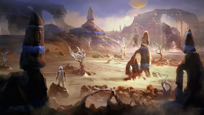 Astronaut on an alien planet with strange rock formations
