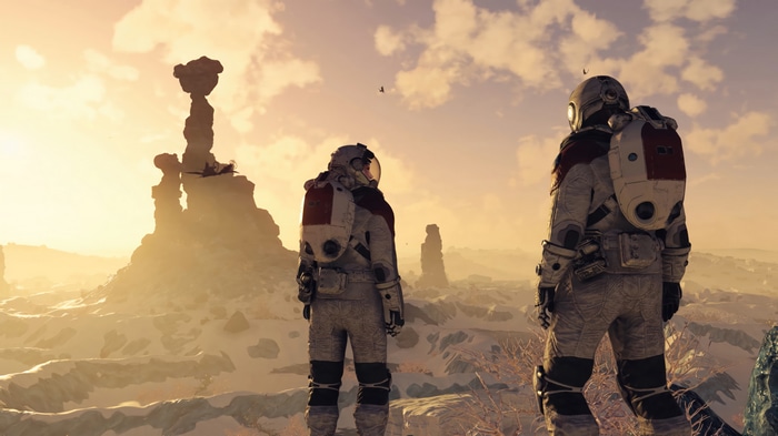 Starfield 4K: Two astronauts on an alien planet