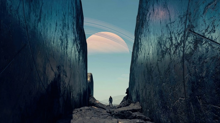Starfield 4K: Astronaut between giant structures with Saturn in background
