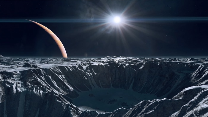 Alien planet surface with crater and ringed planet