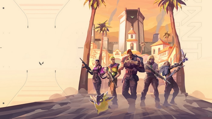 Valorant characters Reyna, Gekko, Brimstone, Deadlock, and Sova in a desert city