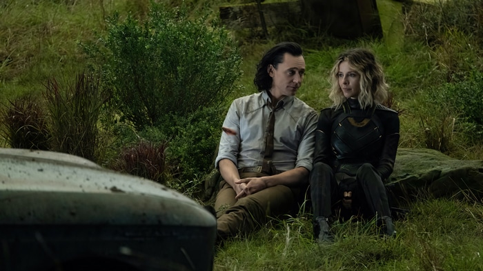 Loki and Sylvie sitting in a grassy field