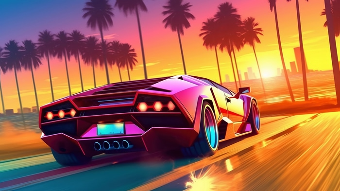Pink Lamborghini driving at sunset with palm trees