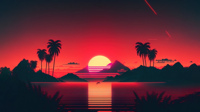 Synthwave Sunset Over Water with Palm Trees and Mountains