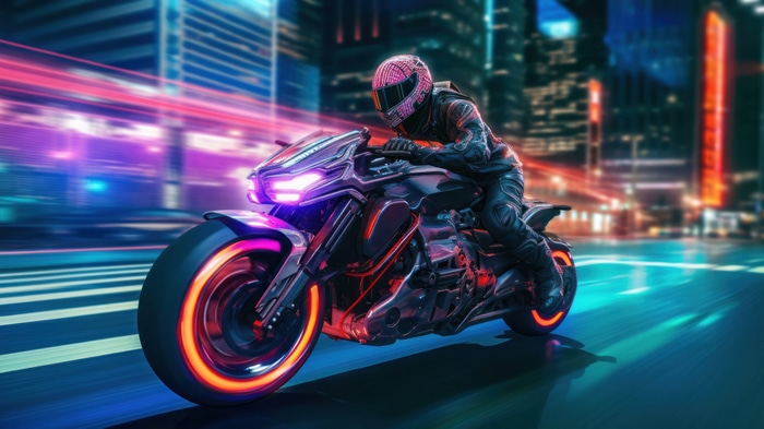 Cyberpunk Motorcycle Rider in Neon City 4K