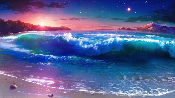 Sunset over Ocean Waves and Beach 4K
