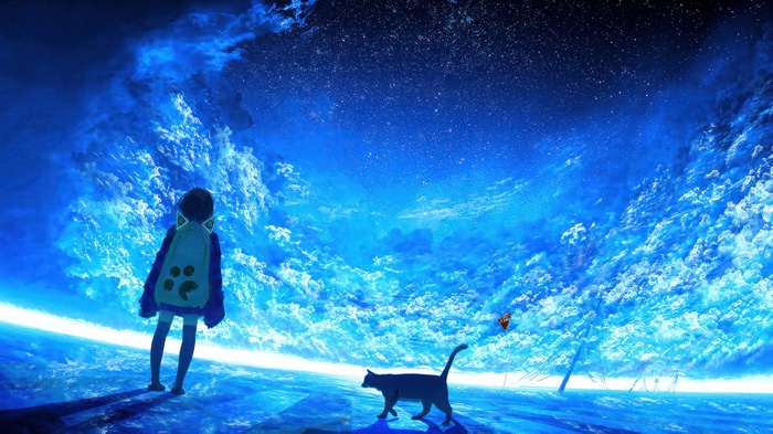 Girl and Cat Under a Starry Sky 4K