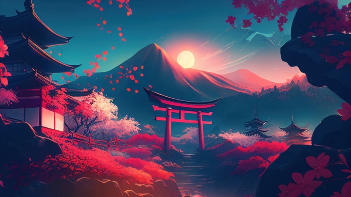Japanese Castle with Cherry Blossoms and Mountains 4K