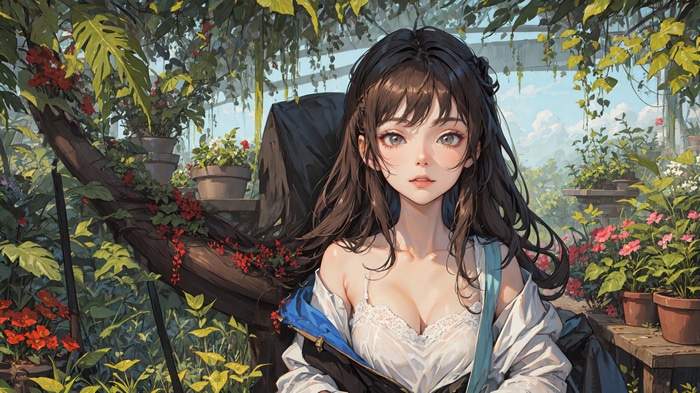 Girl in a Greenhouse with Flowers 4K