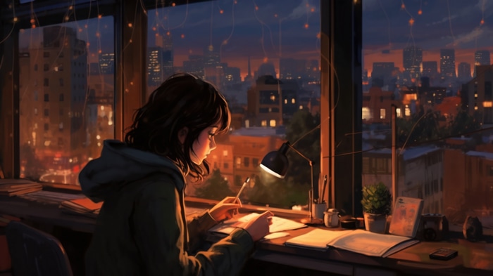 Girl Studying at Night in a City