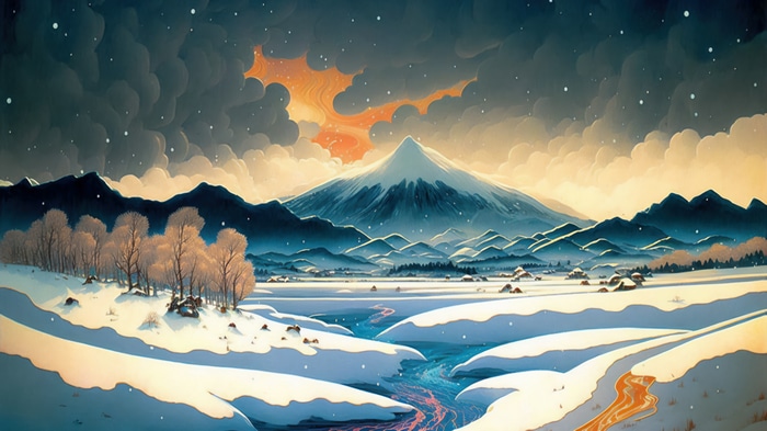 Snowy Mountain Landscape with Orange Clouds 4K