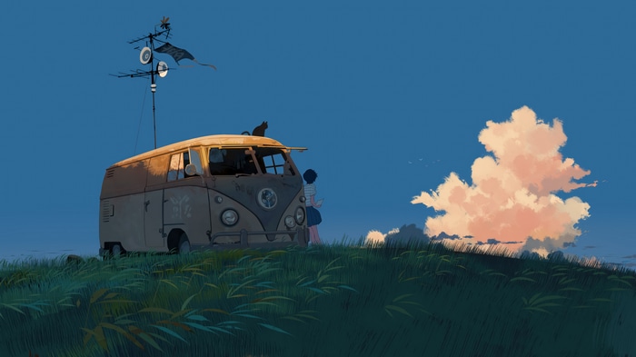 Volkswagen Van with Girl and Cat on Grassy Hill 4K