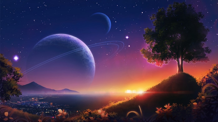 Fantasy Planet Scenery with Sunset and Stars 4K
