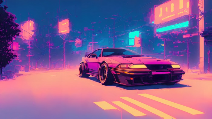 Synthwave Sports Car in Neon City