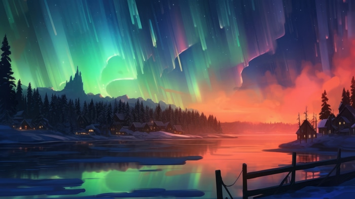 Aurora Borealis over a village by a lake